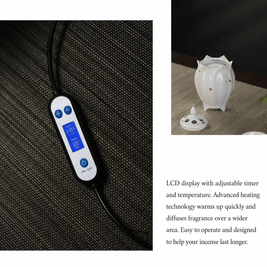 LCD temperature and timer controller shown beside a white lotus shaped electric ceramic incense burner with the lid removed