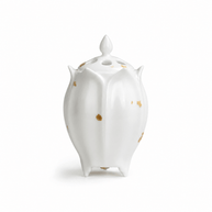 White lotus shaped electric ceramic incense burner with scattered gold flecks and a vented lid displayed on a white background