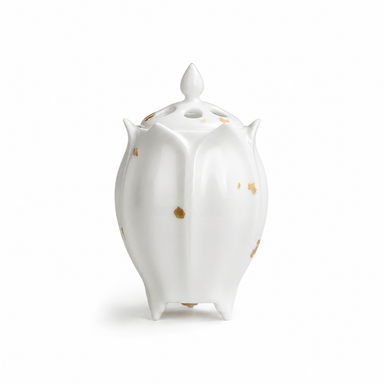 White lotus shaped electric ceramic incense burner with scattered gold flecks and a vented lid displayed on a white background