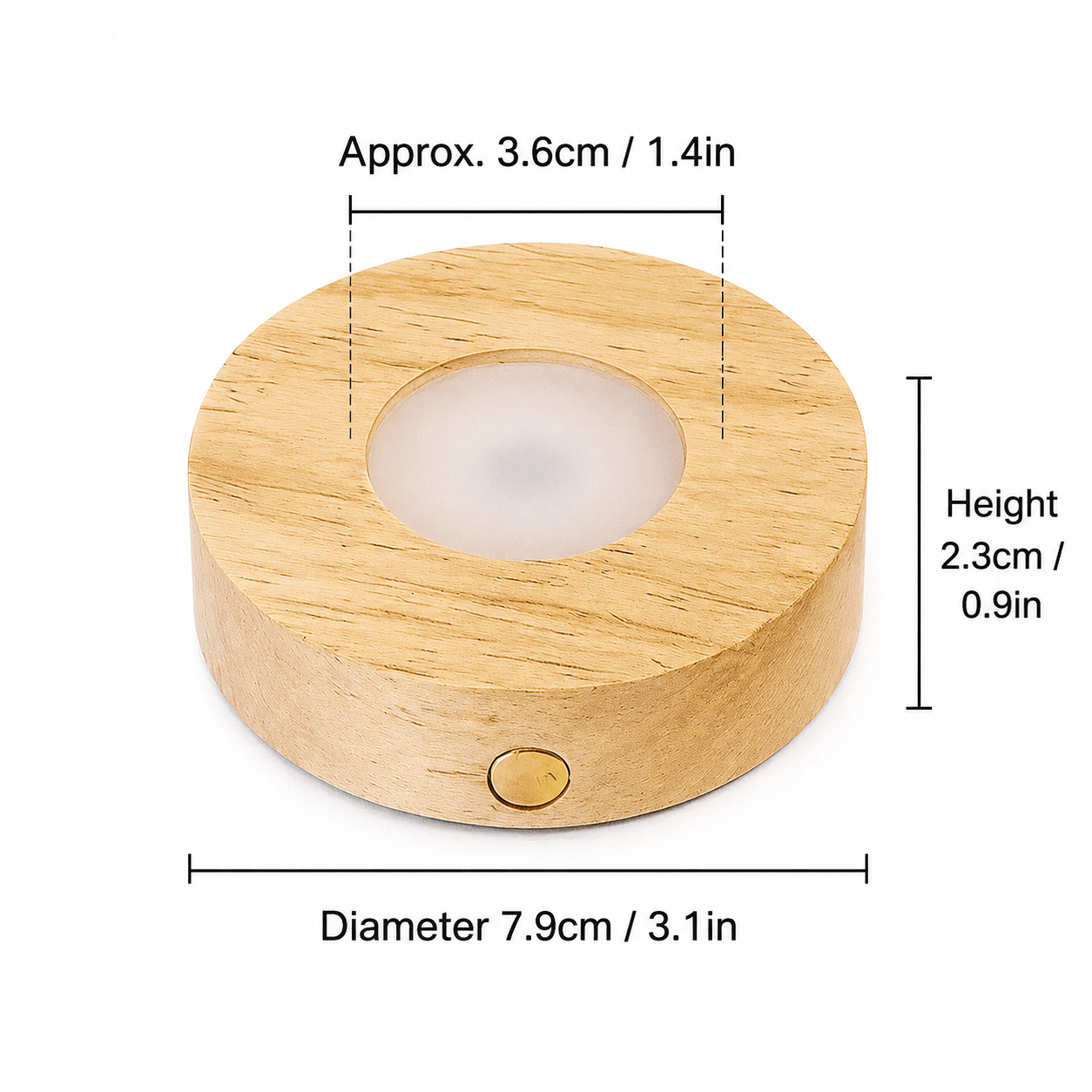 Round wooden LED base for the mountain-view backflow incense burner, shown with a 7.9 cm diameter, 2.3 cm height, and approx. 3.6 cm center opening.