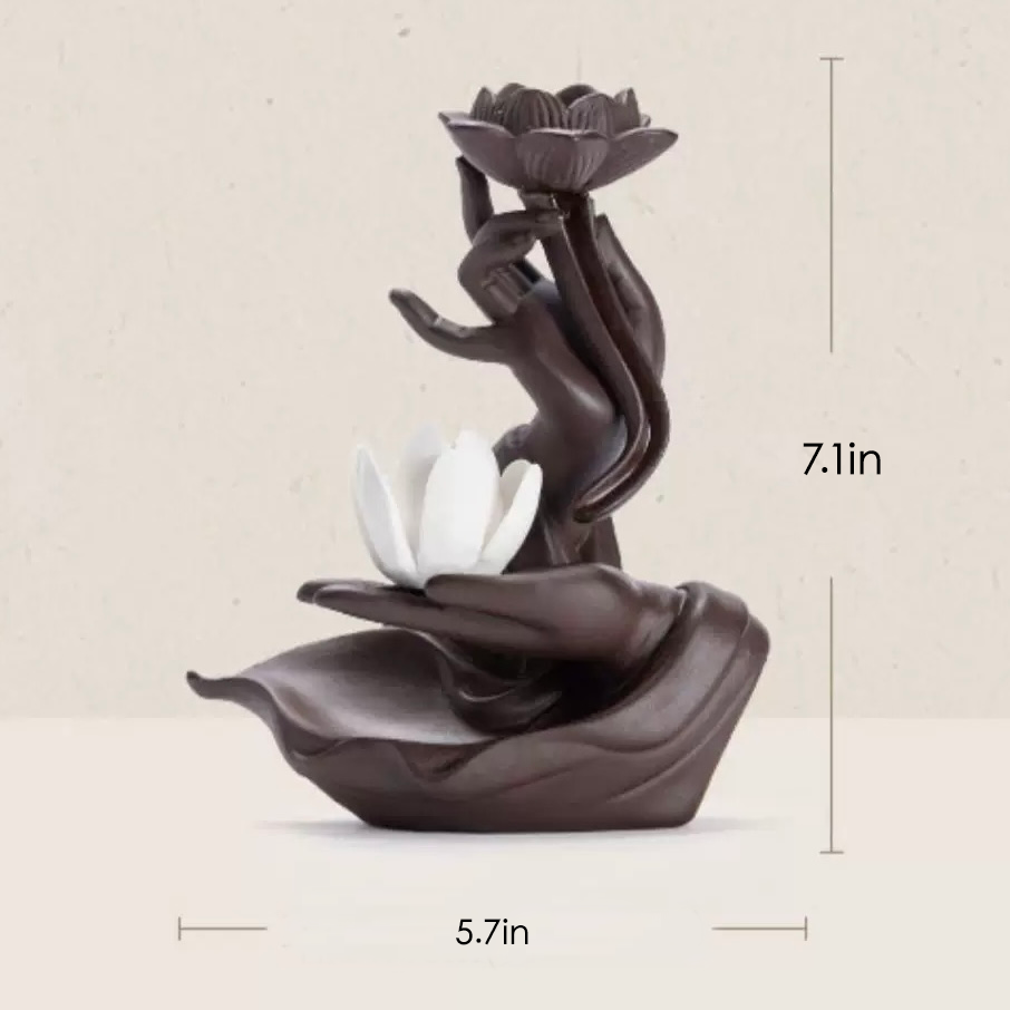 Side-view dimension image of a brown hand-shaped lotus backflow incense burner with a white lotus holder, showing measurements of 7.1 inches tall and 5.7 inches wide.