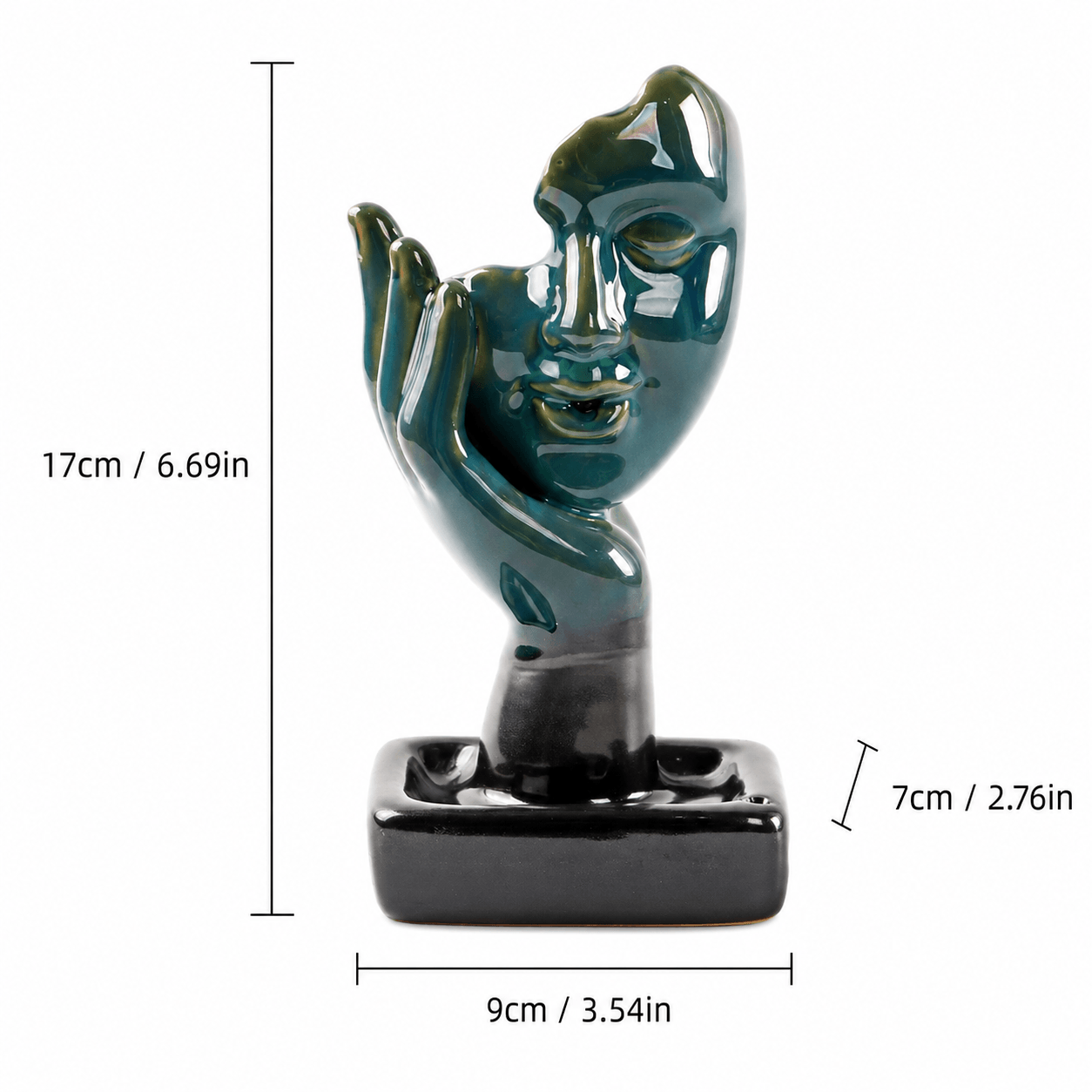 Product dimensions for Abstract Face Backflow Incense Burner: 17 cm height, 9 cm width, 7 cm depth.