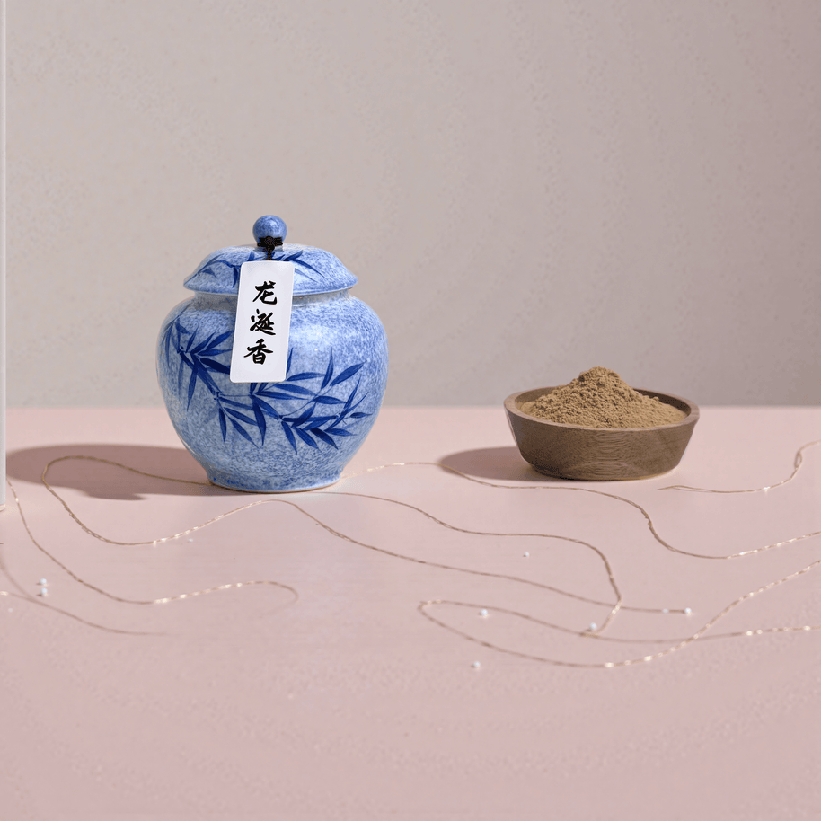 Ambergris handcrafted natural incense powder stored in a blue ceramic jar, with a small amount placed in a wooden bowl to show the powder.