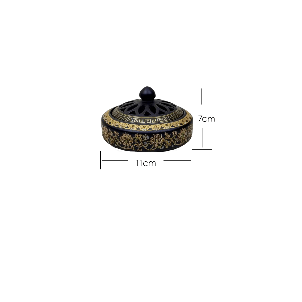 Antique cloisonné incense burner with black and gold enamel floral design, shown with size dimensions 11cm by 7cm
