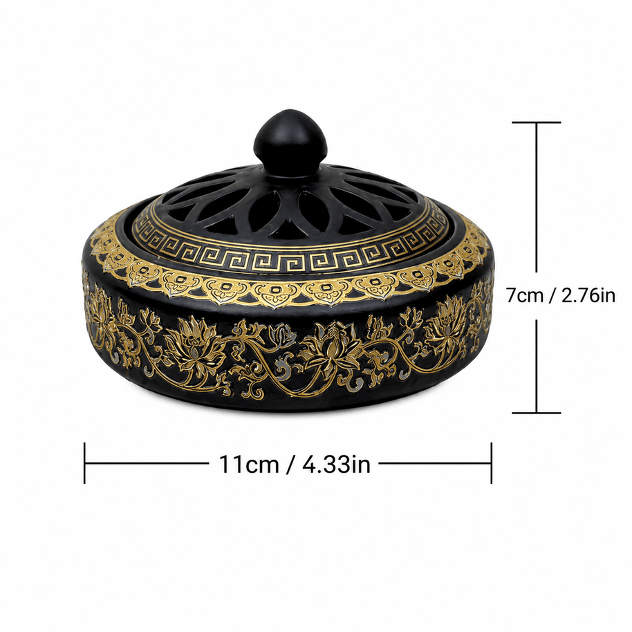 Antique cloisonné incense burner with black and gold enamel floral design, shown with size dimensions 11cm by 7cm