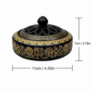 Antique cloisonné incense burner with black and gold enamel floral design, shown with size dimensions 11cm by 7cm