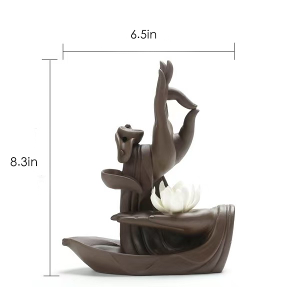 Backflow incense burner featuring a goddess-like figure and lotus flower, with size dimensions marked as 8.3 inches in height and 6.5 inches in width