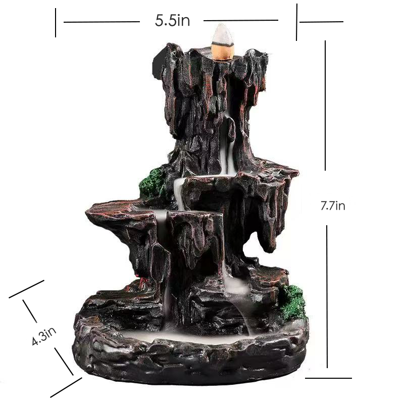 Backflow incense burner designed as a mountain waterfall landscape, with dimensions labeled as 7.7 inches tall, 5.5 inches wide, and a base depth of 4.33 inches.