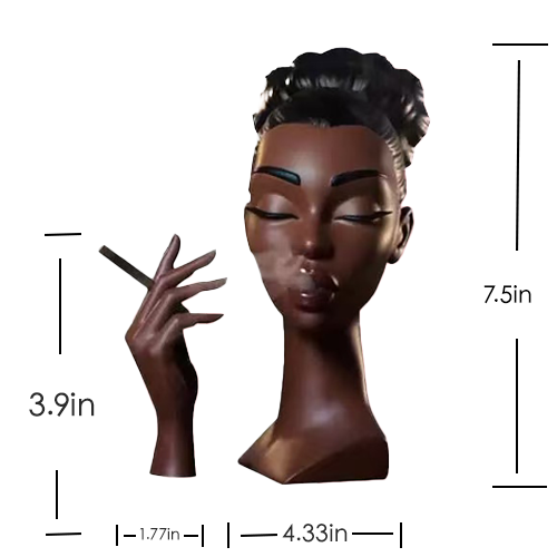 Backflow incense burner shaped like a woman sculpture with detailed size measurements in inches, including height, width, and base dimensions