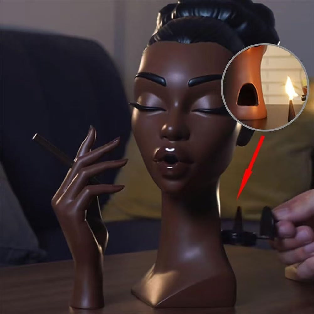 Backflow incense burner in the shape of a woman sculpture being measured with caliper, used for aromatherapy and smoke art