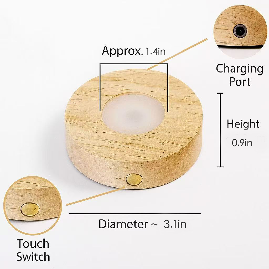 Wooden LED base for backflow incense burner with 3.1in diameter, 0.9in height, 1.4in center ring, touch switch and charging port.