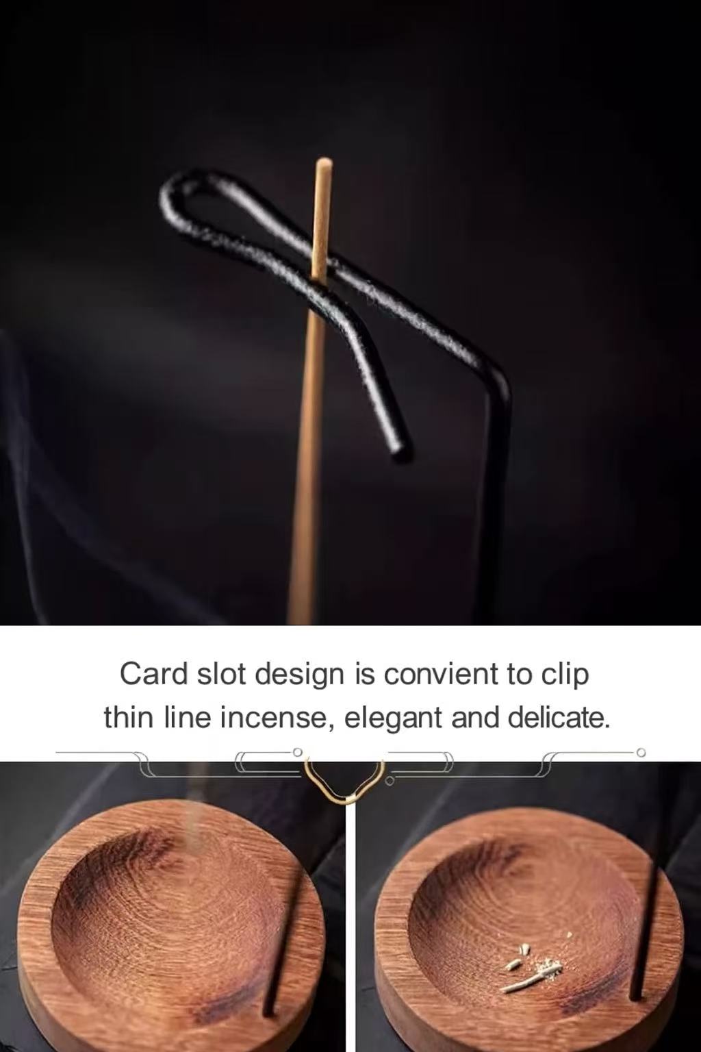 Close-up of the backflow incense burner’s hook and card slot holding a thin stick, with wooden ash dish detail and instructional overlay text