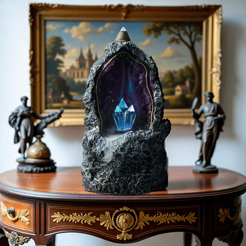 Glowing crystal backflow incense burner with LED light, displayed on a vintage table for atmospheric home decor.