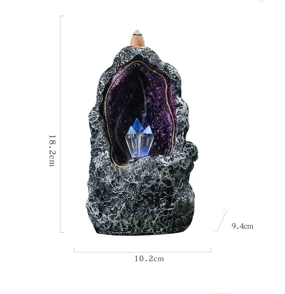 Product dimensions labeled on LED geode backflow incense burner for reference (18.2 x 10.2 x 9.4 cm).