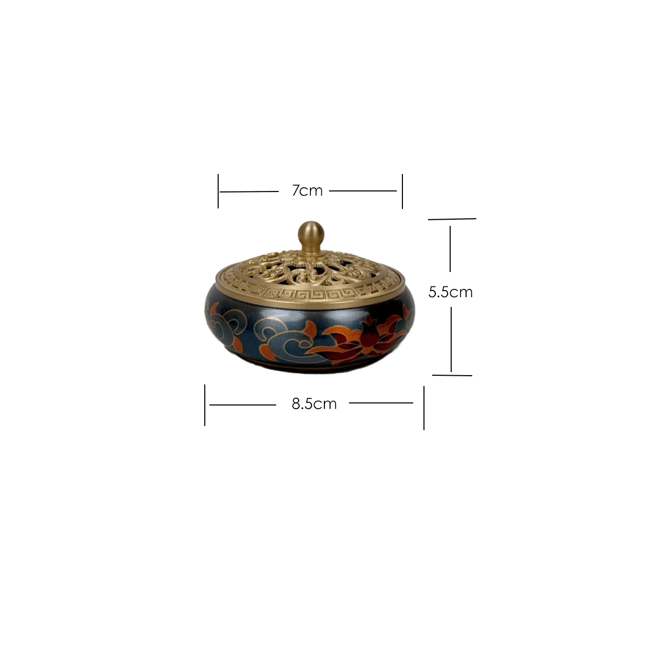 Brass incense burner with colorful inlay, shown with precise size measurements in centimeters