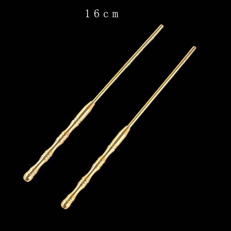 Top view of brass incense chopsticks, 16 cm in length, shown as a pair on dark background for size reference