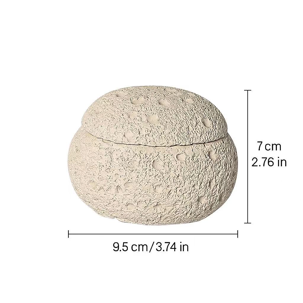 Top view of a handmade cement incense burner with dimensions labeled as 9.5 cm (3.74 in) in height and 7 cm (2.76 in) in diameter
