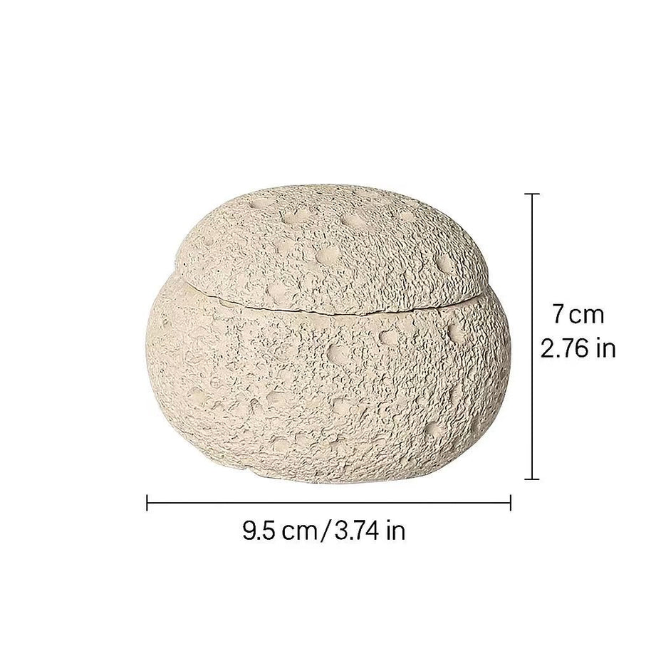 Top view of a handmade cement incense burner with dimensions labeled as 9.5 cm (3.74 in) in height and 7 cm (2.76 in) in diameter
