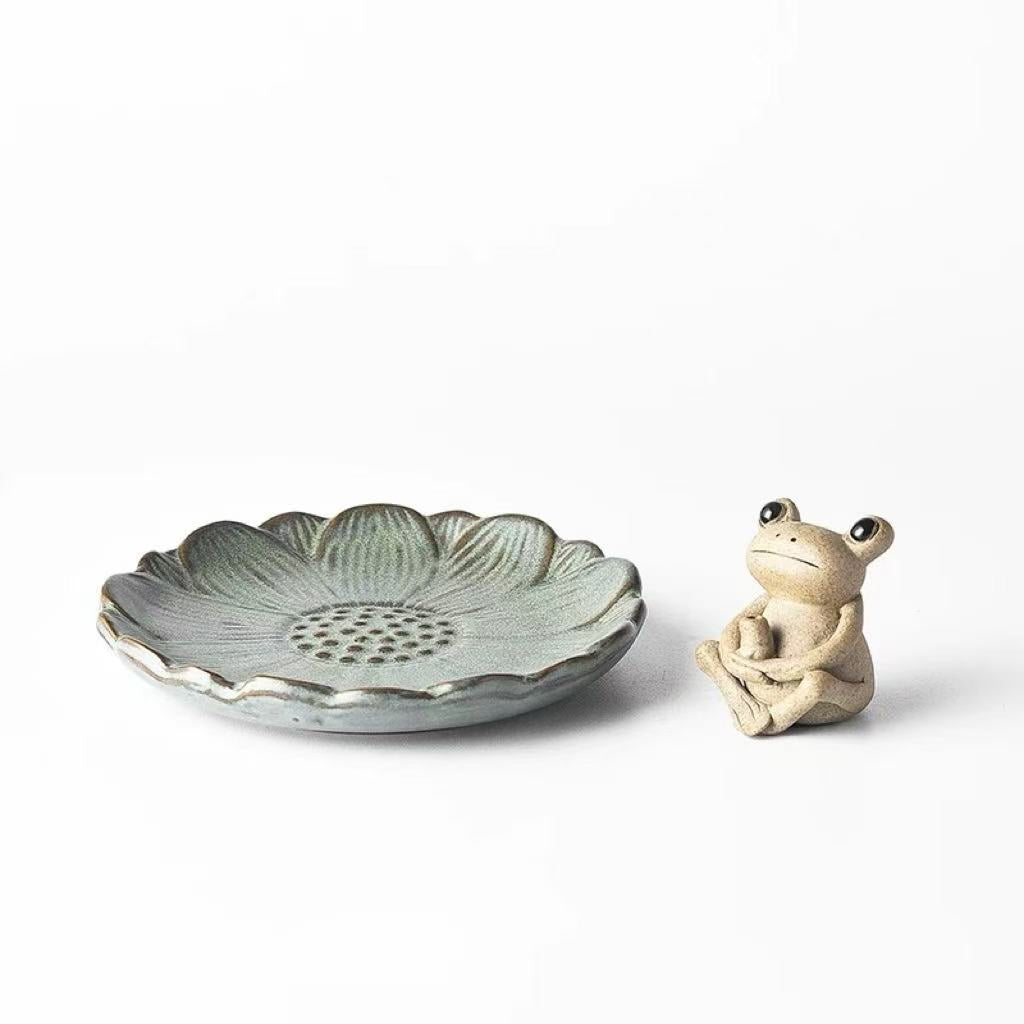 Ceramic lotus incense tray with frog holder
