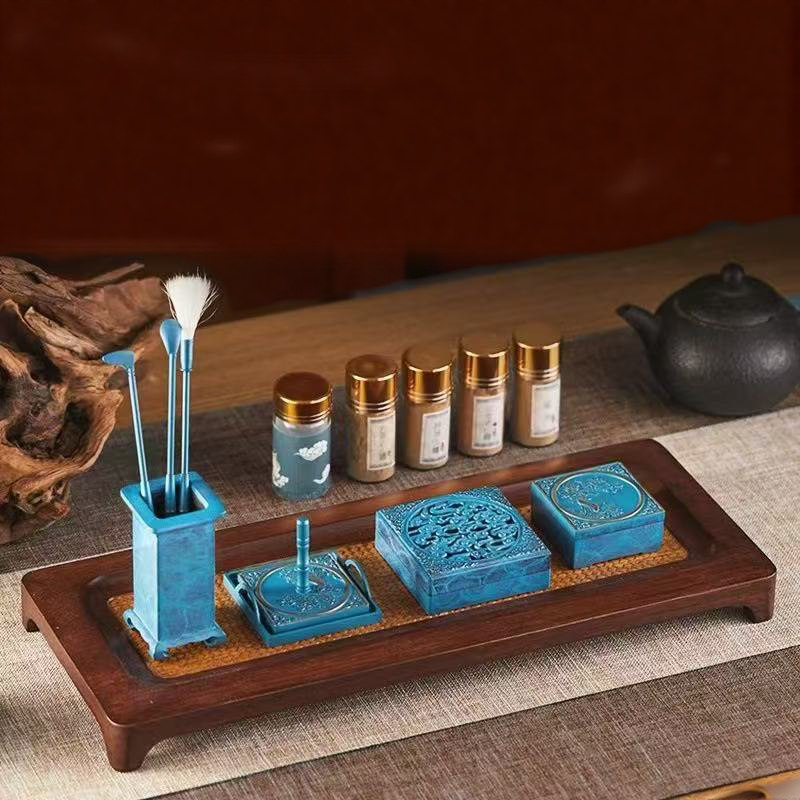Eastern Blue Glaze Incense Burner Set displayed on tray with tools, molds, and six incense powder jars