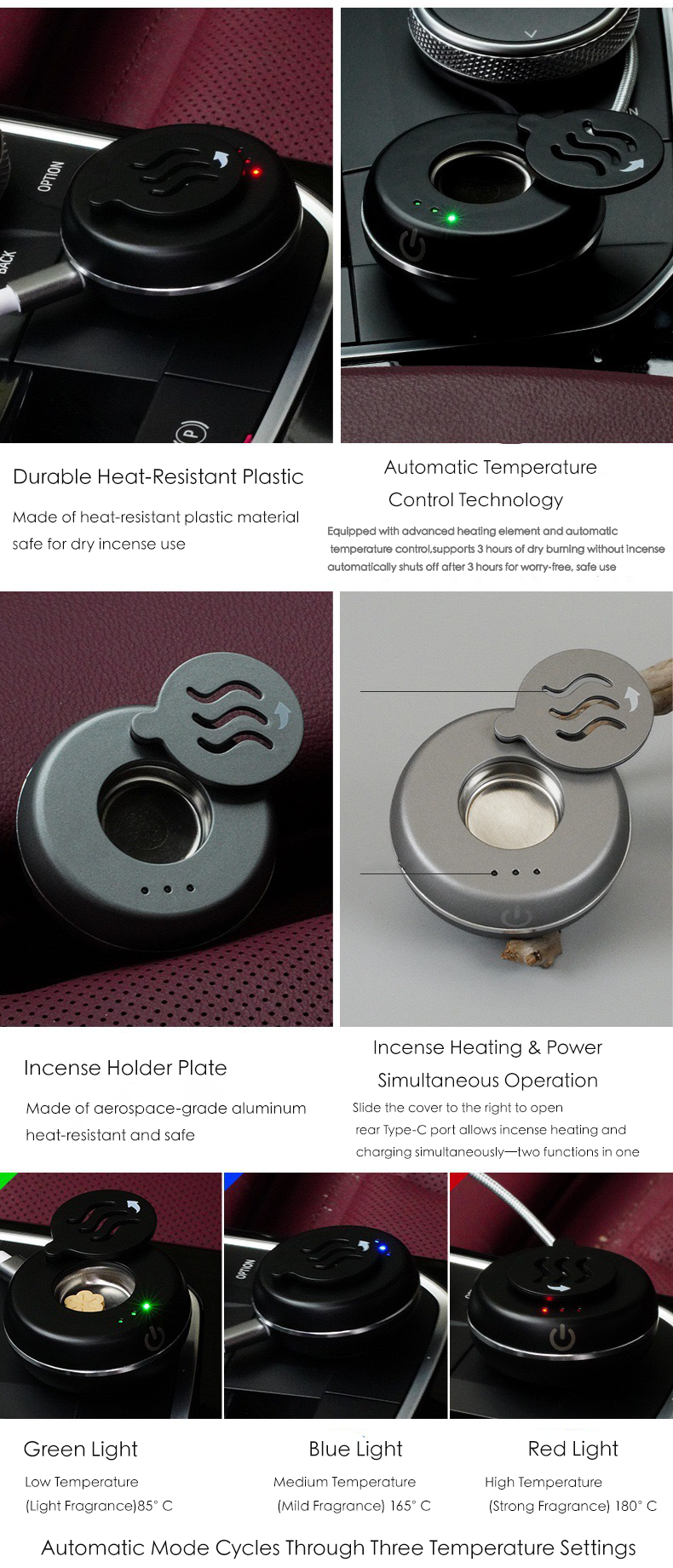 How to use portable electric car incense burner — shows temperature control, heating indicator lights, incense plate, and simultaneous charging functionality