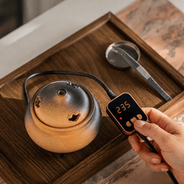 Ceramic electric incense burner with handheld controller set to 235°C, showing precise temperature adjustment for flameless incense heating.
