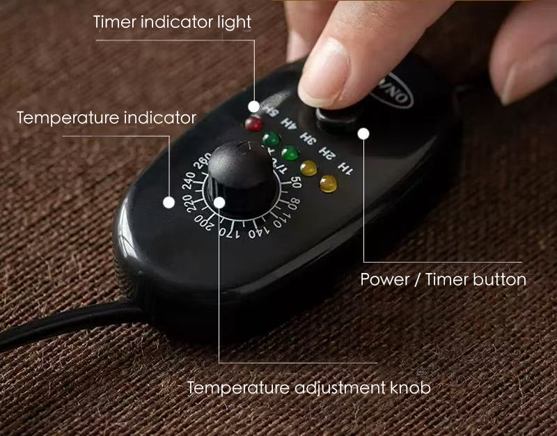 Close-up of electric incense burner remote controller, showing temperature adjustment knob, power/timer button, and indicator lights
