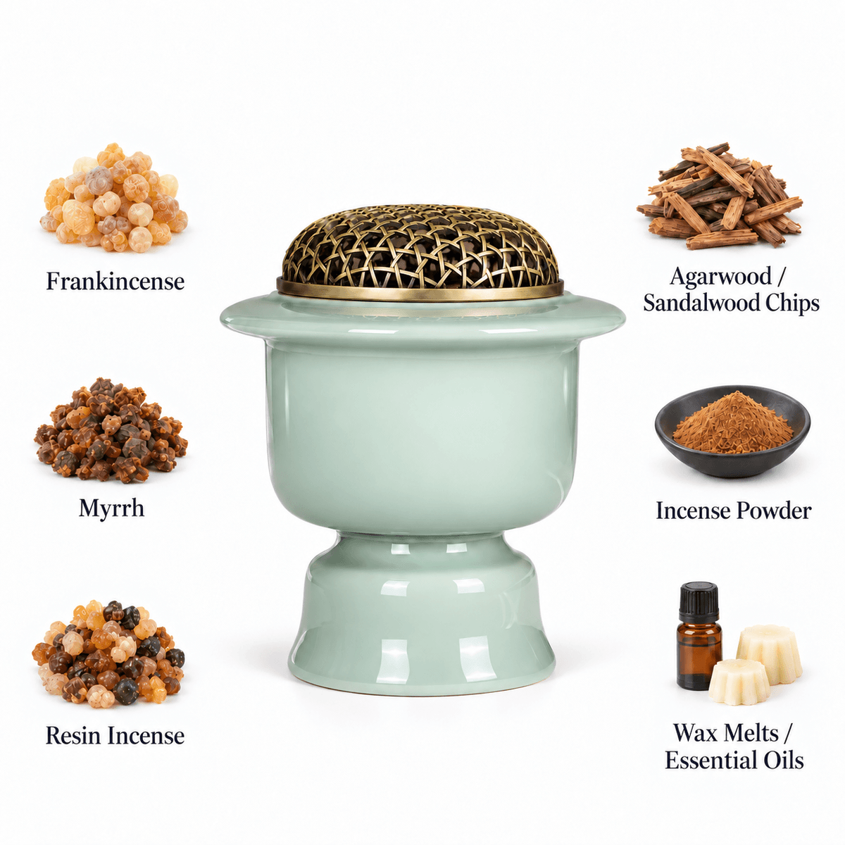 Celadon green electric incense burner shown with frankincense, myrrh, wood chips, incense powder, resin, wax melts and oils.