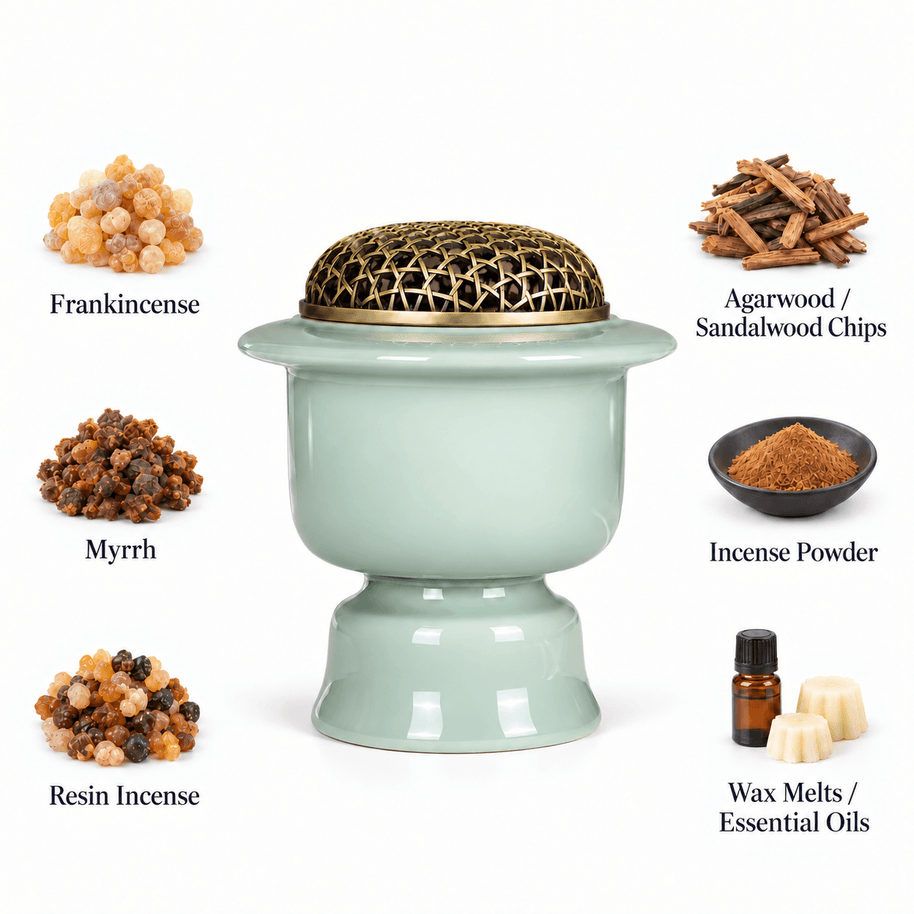 Celadon green electric incense burner shown with frankincense, myrrh, wood chips, incense powder, resin, wax melts and oils.