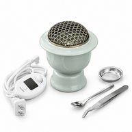 Celadon green ceramic electric incense burner with mesh cover, digital controller, metal dish, spoon and tweezers.