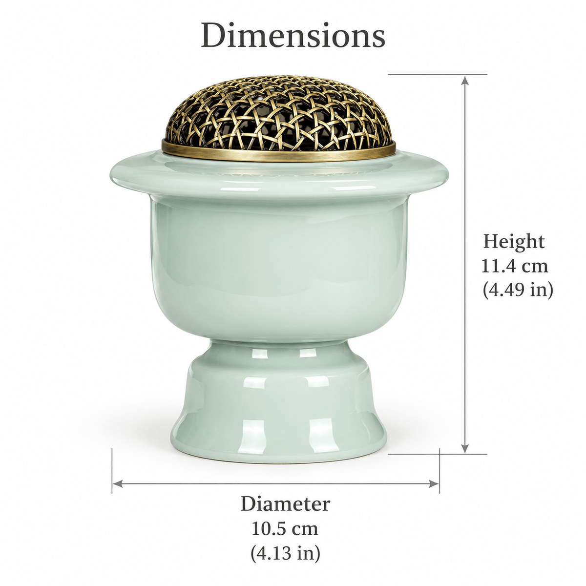 Celadon green electric incense burner dimensions: 11.4 cm (4.49 in) high and 10.5 cm (4.13 in) in diameter.