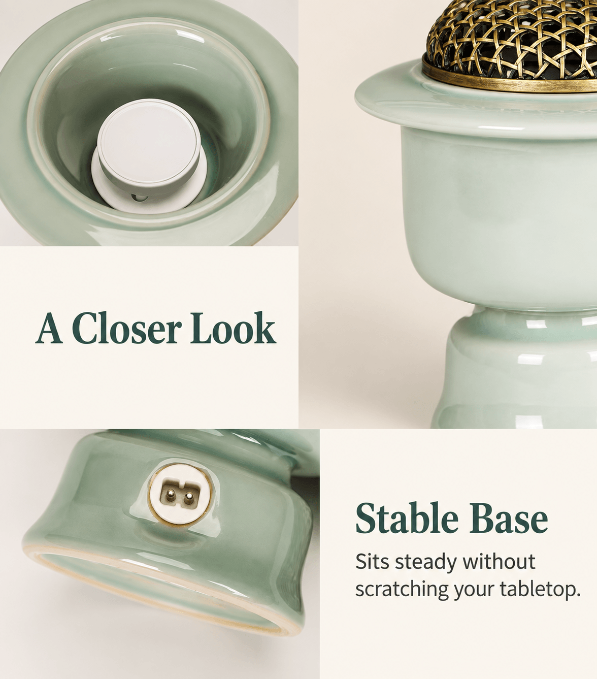 Detail views of the celadon green electric incense burner showing the heating element, glazed ceramic body and power socket.