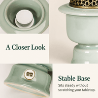 Detail views of the celadon green electric incense burner showing the heating element, glazed ceramic body and power socket.