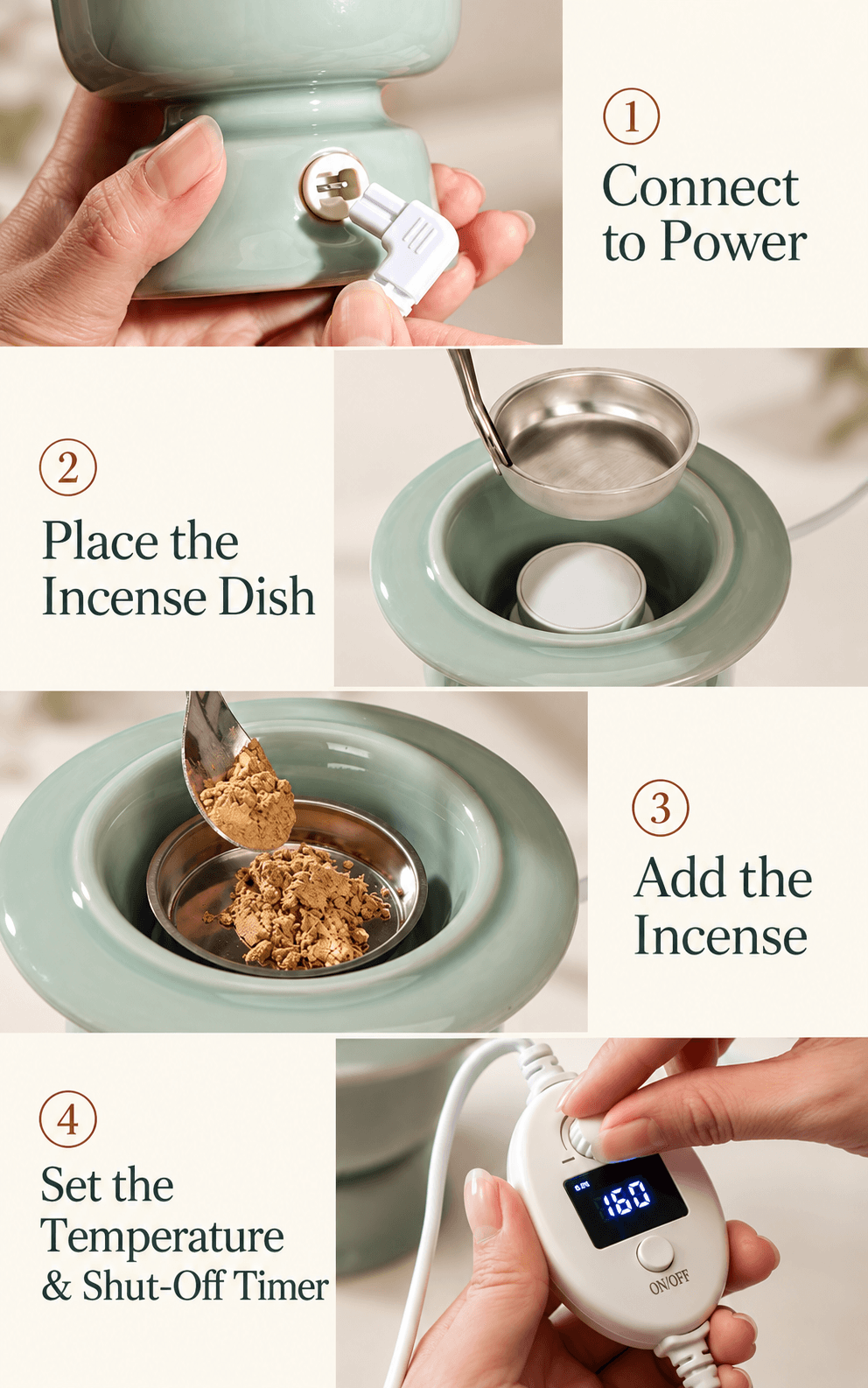 Electric incense burner setup: connect power, insert the dish, add incense, then set the temperature and shut-off timer.