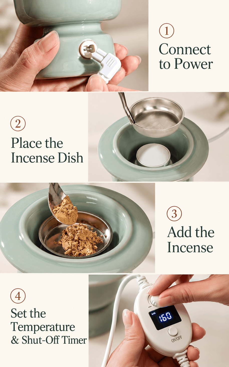Electric incense burner setup: connect power, insert the dish, add incense, then set the temperature and shut-off timer.