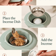 Electric incense burner setup: connect power, insert the dish, add incense, then set the temperature and shut-off timer.