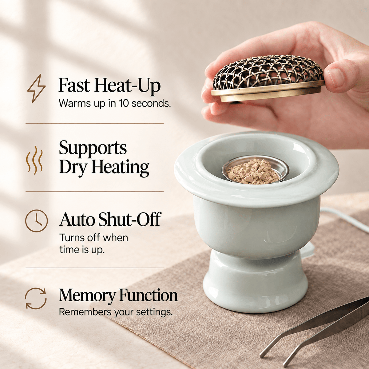 Celadon green electric incense burner with lid lifted; graphic lists 10 second heat-up, dry heating, auto shut-off and memory.