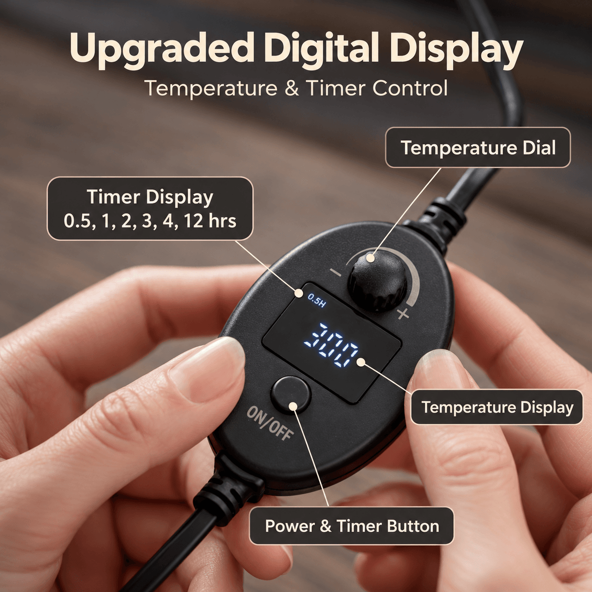 Digital incense burner controller with a temperature dial, display, power and timer button, and timer options of 0.5, 1, 2, 3, 4 and 12 hours.
