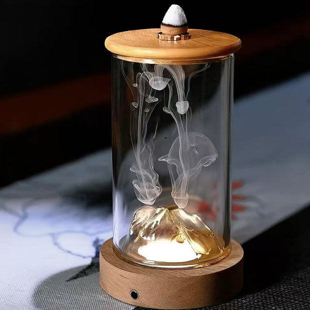 Glass backflow incense burner with wooden base and lid, featuring dolphin-shaped smoke flow inside the chamber.