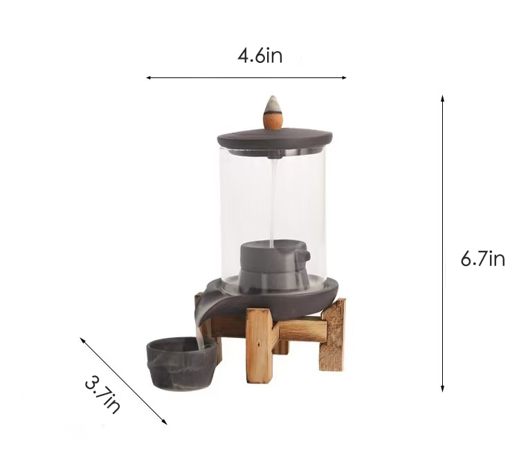 Backflow glass incense burner with wooden stand, showing dimensions 6.7in tall, 4.6in wide, and 3.7in deep.