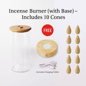 Glass incense burner set with wooden charging base, USB cable, and 10 free backflow incense cones included.