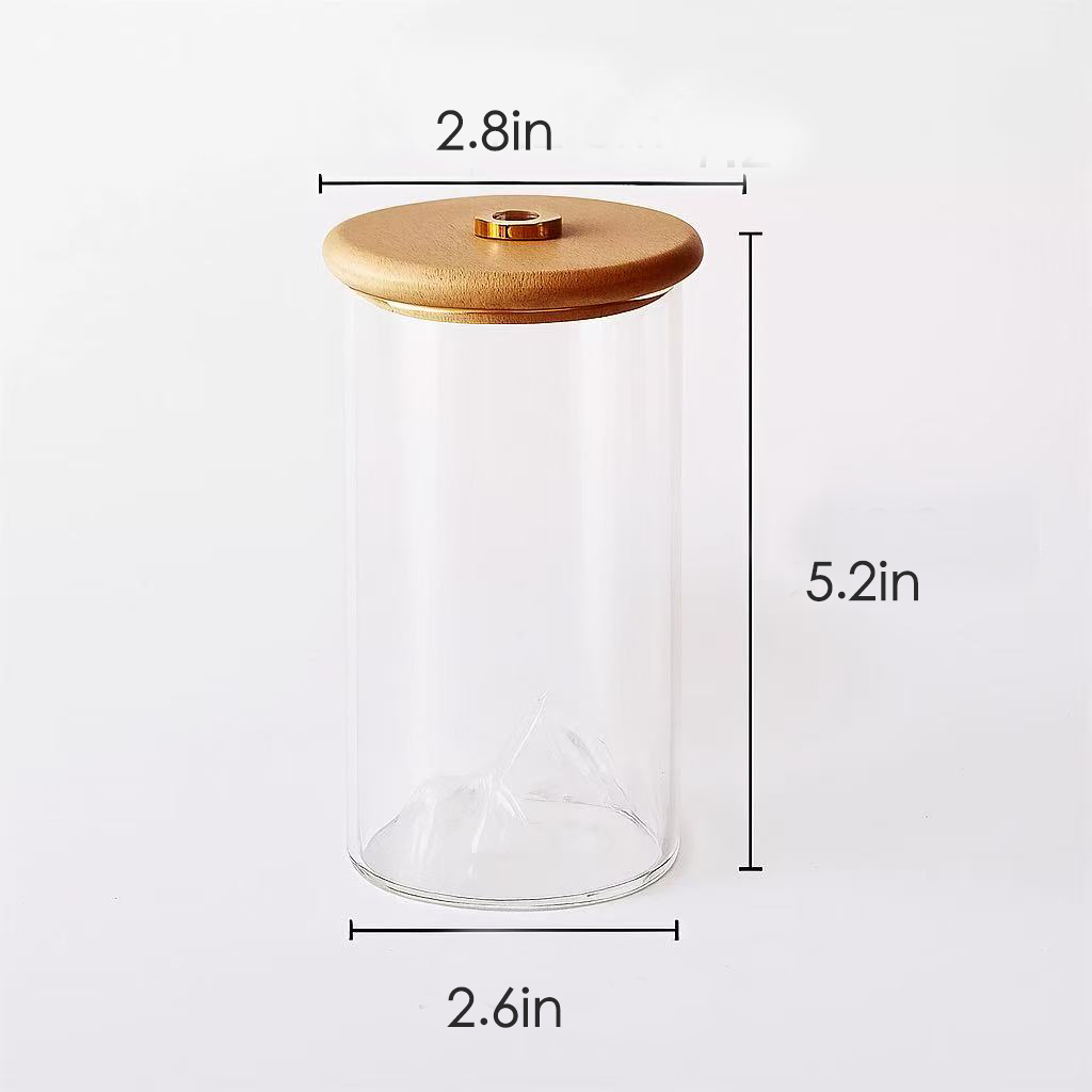 Transparent glass incense cover with wooden lid, measuring 5.2 inches in height, 2.8 inches in top diameter, and 2.6 inches in base diameter.