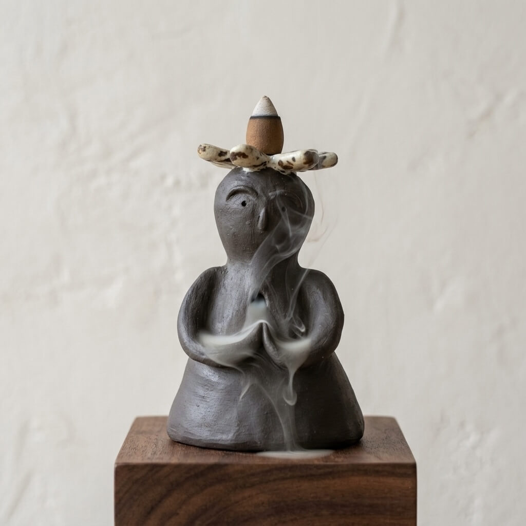 Side view of a handmade ceramic backflow incense holder with smoke flowing through the sculptural figure.