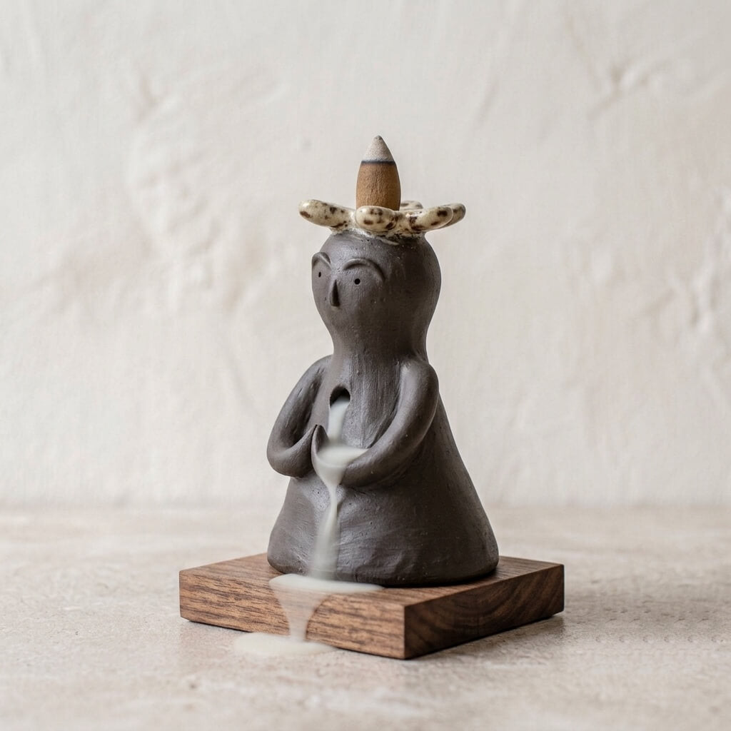 Handmade ceramic backflow incense burner displayed on a wooden base with flowing smoke for meditation and home decor.