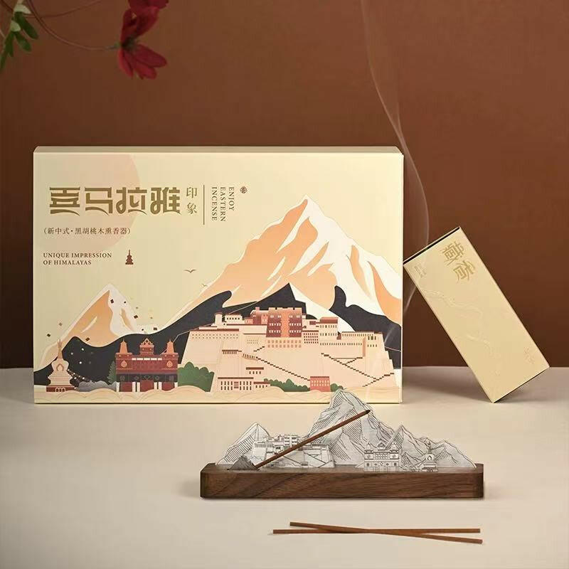 Scenic mountain incense burner with Tibetan incense sticks and gift box