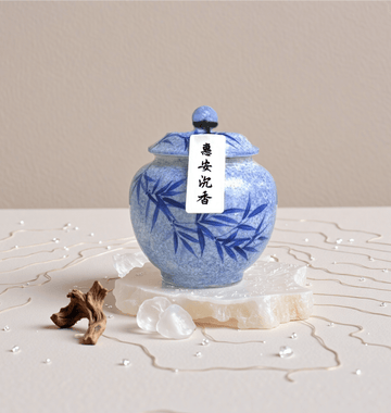 Hui’an agarwood handcrafted natural incense powder in a blue ceramic jar.