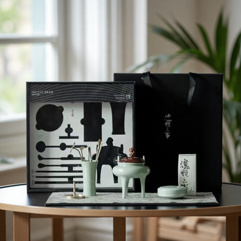 Incense Bath Ceremony Set with celadon incense burner, incense tools, and minimalist black gift box displayed on table