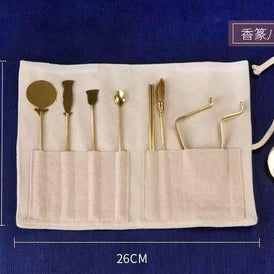 Brass incense burner tool set with fabric roll-up pouch, 8-piece