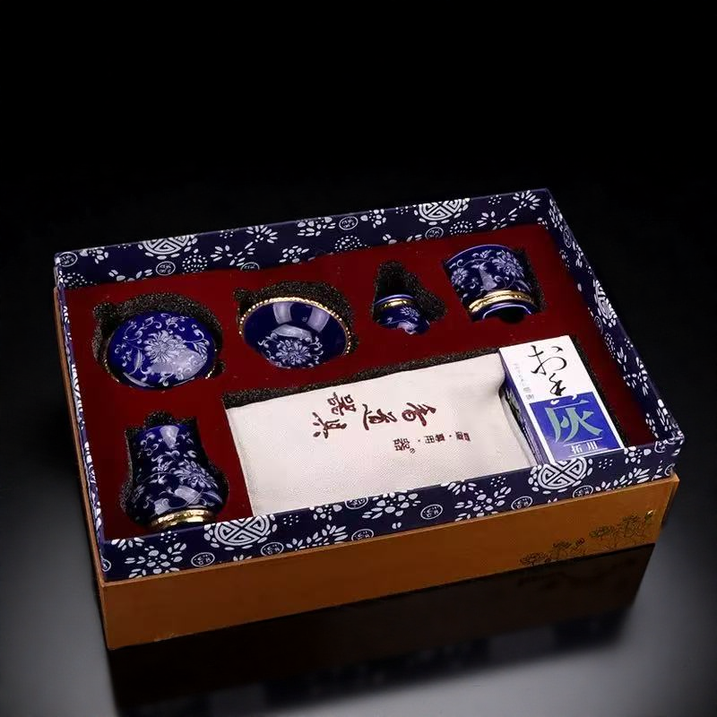 Blue porcelain incense burner ceremony set in traditional gift box