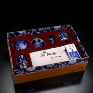 Blue porcelain incense burner ceremony set in traditional gift box